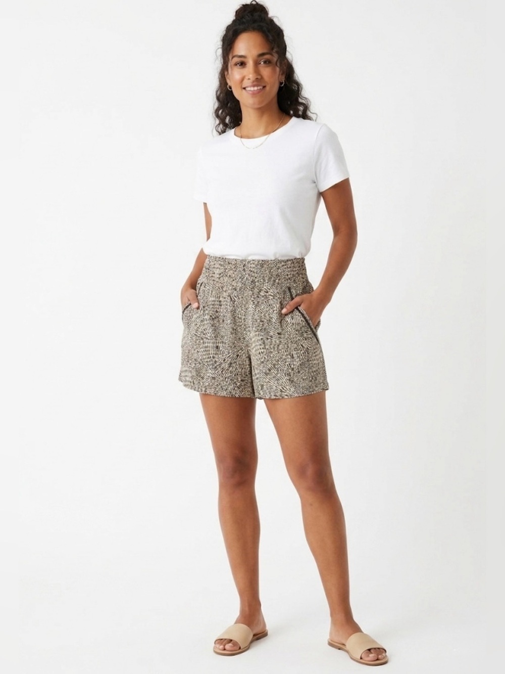 Three Dots High Waisted Pull On Shorts Black Beige Size Small